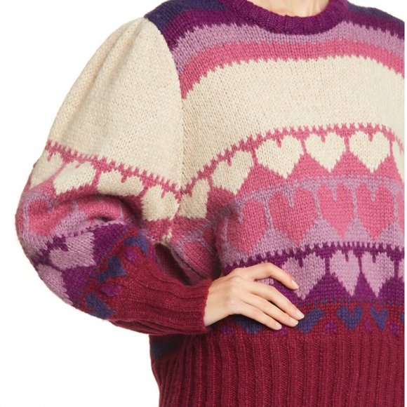 LoveShackFancy Prune/Multicolor Shirelle Heart Balloon-Sleeve Pullover Sweater - Picture 3 of 12